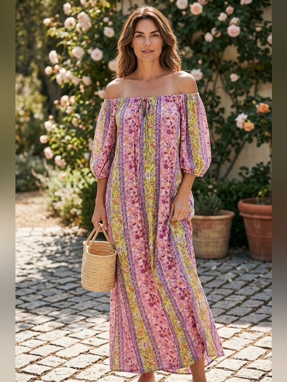Easel Off-Shoulder Maxi Dress in Pink and Green Floral Stripe, Oversized, NWT